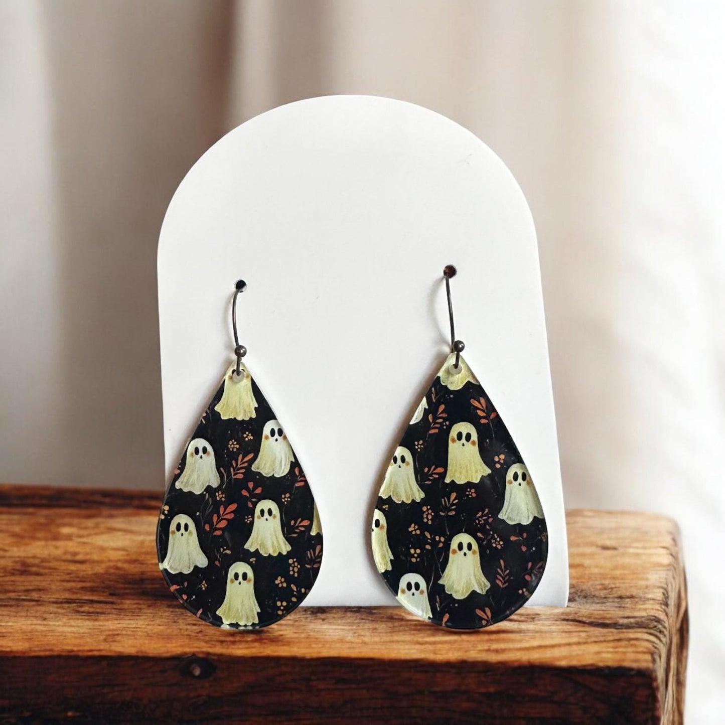 Ghost earrings, Halloween earrings, spooky dangle earrings, fall statement jewelry, lightweight acrylic earrings, haunted earrings