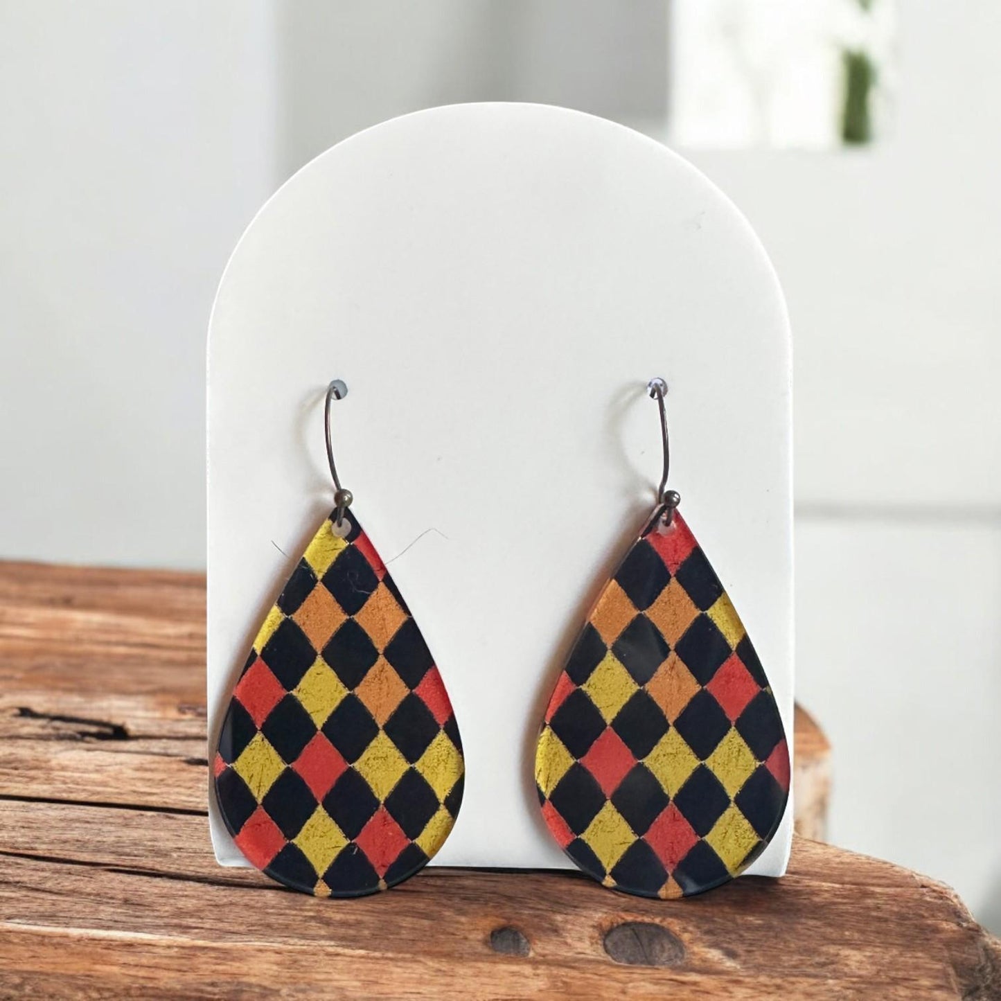 Halloween harlequin earrings, spooky diamond earrings, jester earrings, fall statement jewelry, lightweight acrylic dangle earrings