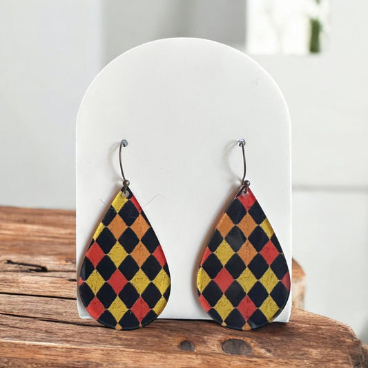 Halloween harlequin earrings, spooky diamond earrings, jester earrings, fall statement jewelry, lightweight acrylic dangle earrings