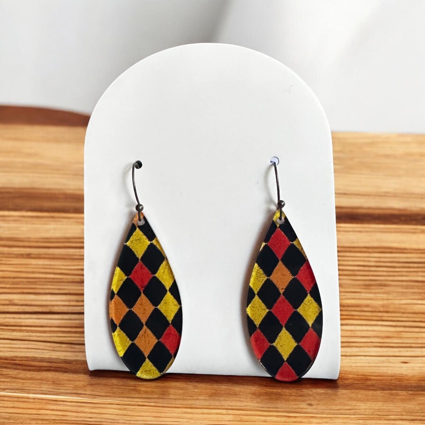 Halloween harlequin earrings, spooky diamond earrings, jester earrings, fall statement jewelry, lightweight acrylic dangle earrings