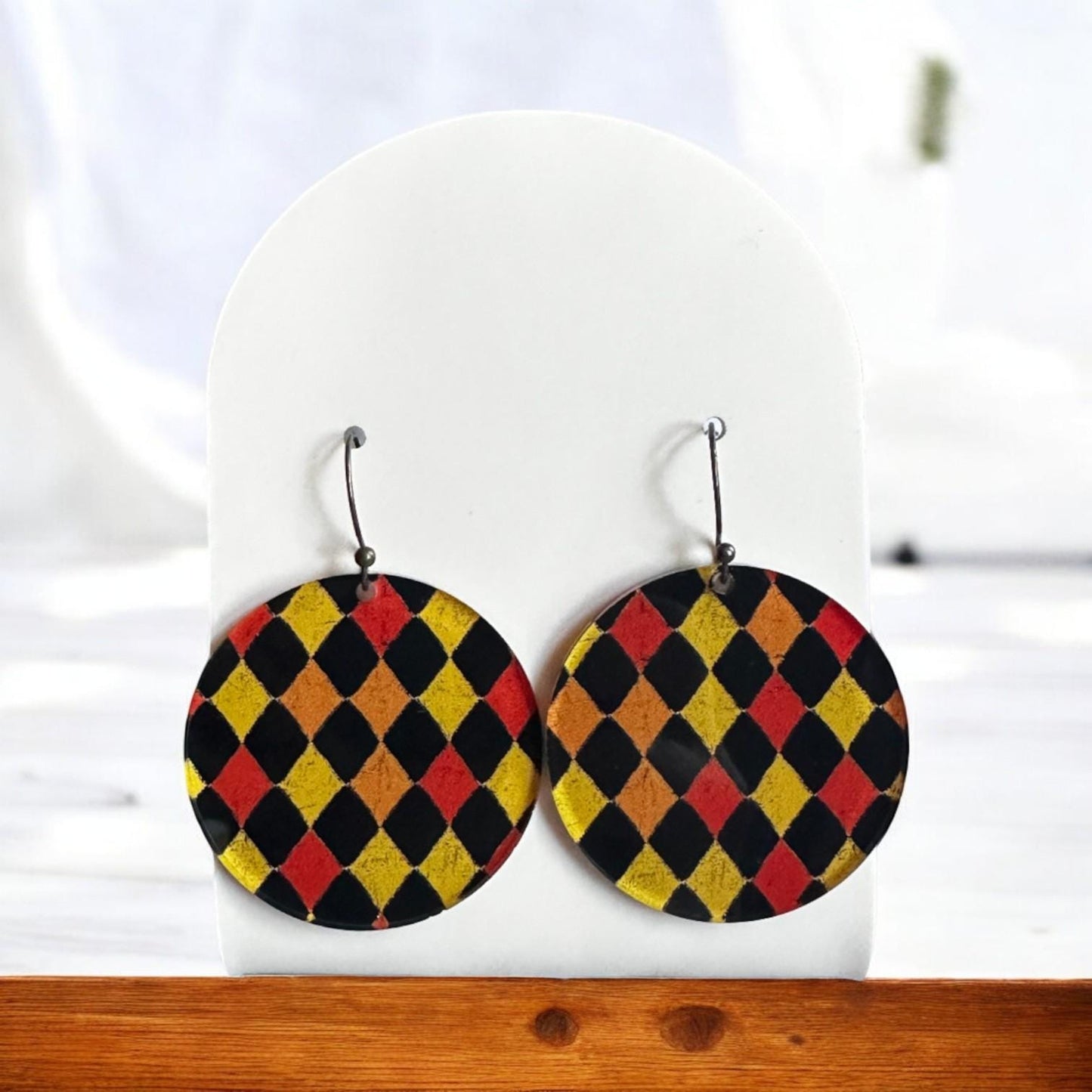 Halloween harlequin earrings, spooky diamond earrings, jester earrings, fall statement jewelry, lightweight acrylic dangle earrings