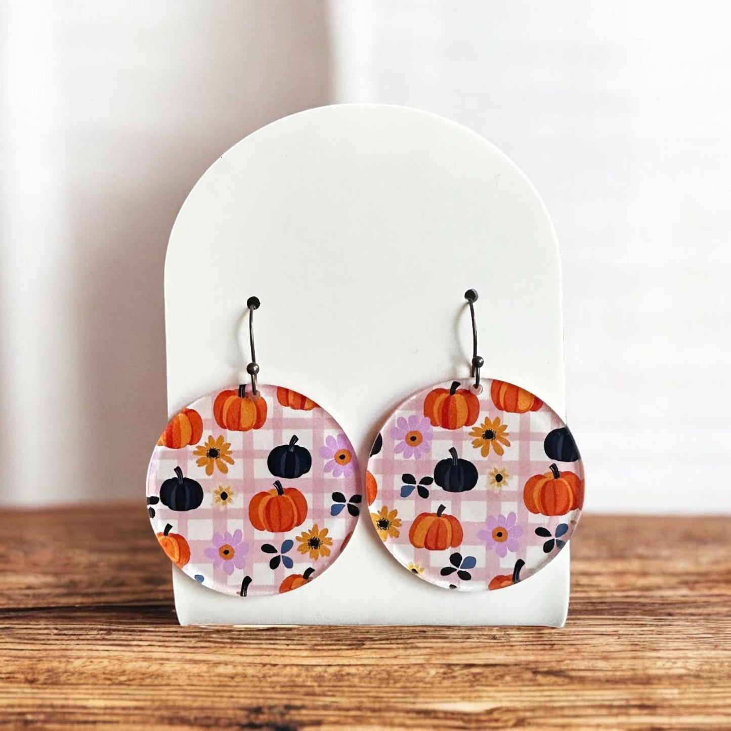 Pumpkin plaid earrings, fall dangle earrings, Halloween drop earrings, autumn statement jewelry, lightweight acrylic earrings