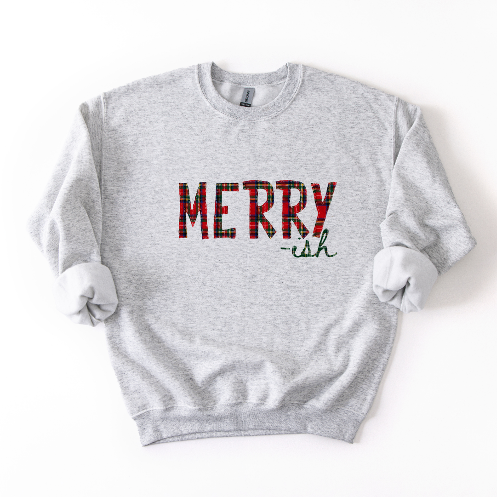 Merry-ish Plaid Christmas Sweatshirt & Tee | Red Green Tartan Holiday Shirt