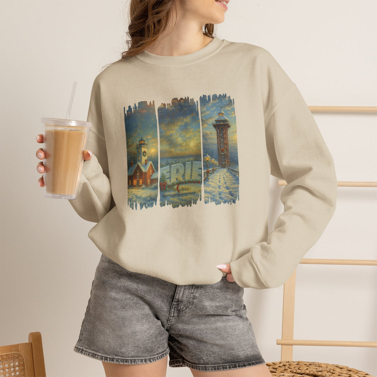 Erie PA Christmas Sweatshirt – Presque Isle Lighthouse & Bicentennial Tower Holiday Crewneck