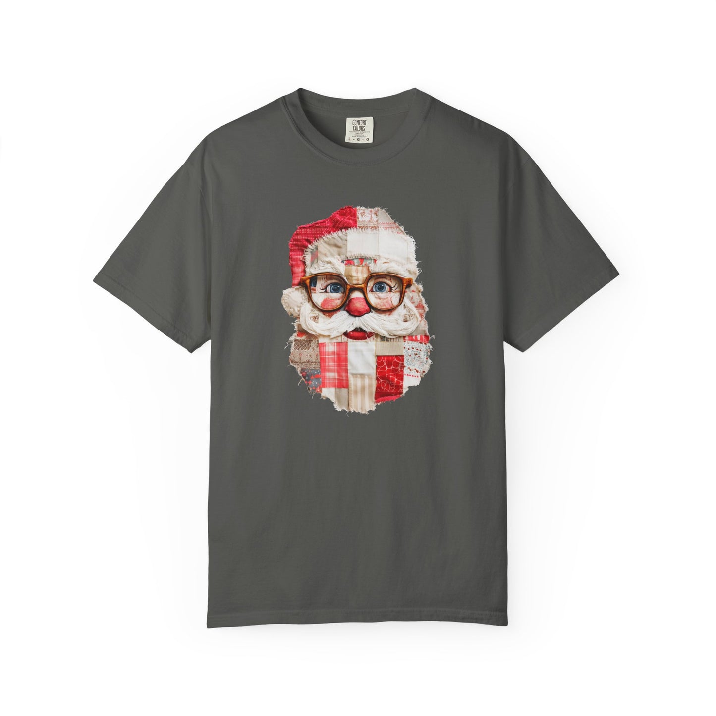 Patchwork Santa T-Shirt, Comfort Colors, Christmas Tee, Christmas Party Top, Faux Embroidery (Show Special)