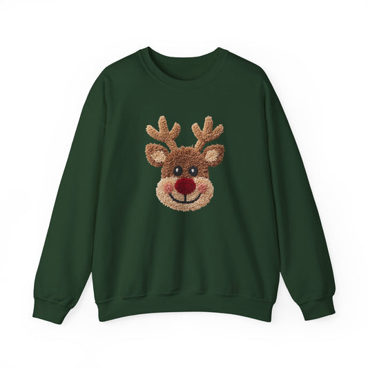 Reindeer Christmas Sweatshirt, Rudolph Lover Gift, Cute Holiday Crewneck, Cozy Winter Sweater, Faux Yarn (Show Special)