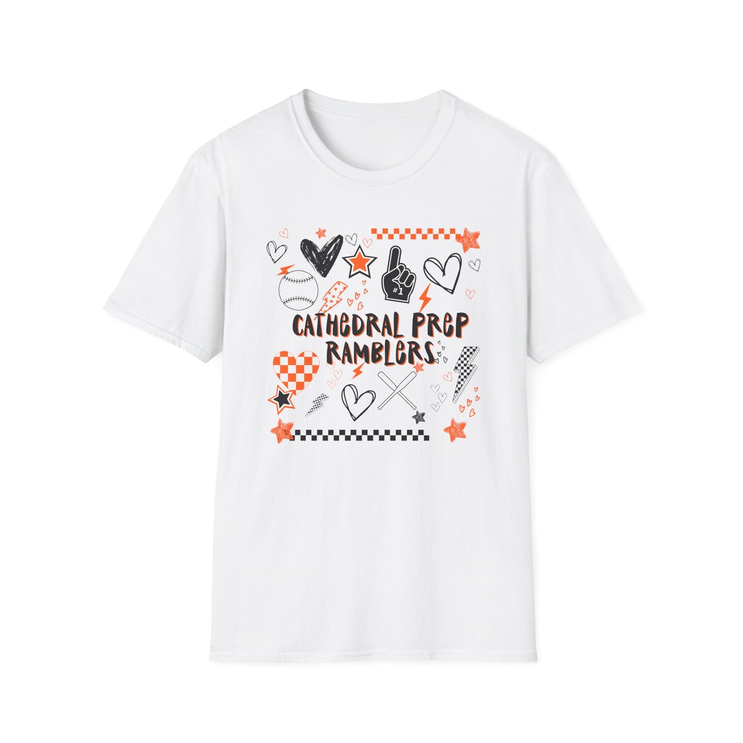 Cathedral Prep Ramblers Baseball Shirt | Retro Orange and Black Baseball Spirit Tee | Gildan Softstyle 64000