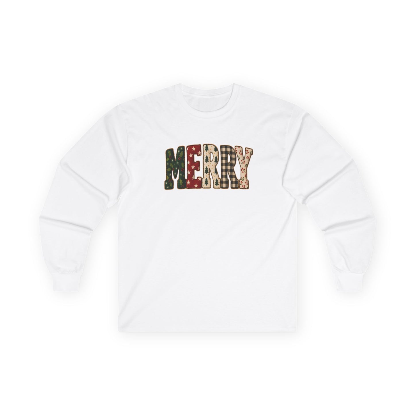 Merry Print Long Sleeve Tee, Festive T-Shirt, Holiday Apparel, Christmas Gift, Unisex Cotton Shirt, Cozy Winter Wear (Show Special)