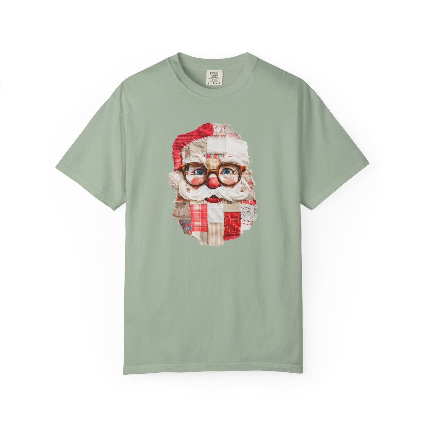 Patchwork Santa T-Shirt, Comfort Colors, Christmas Tee, Christmas Party Top, Faux Embroidery (Show Special)