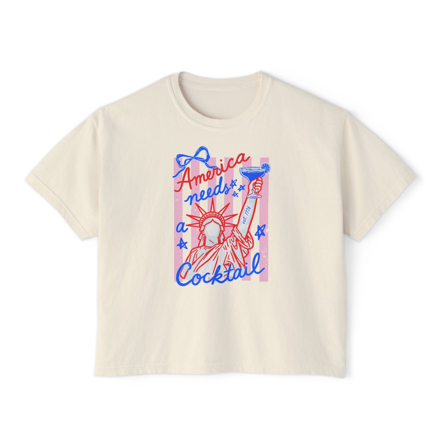 Patriotic Cocktail Boxy Tee, Fourth of July Cropped Shirt, America Summer Graphic Tee, Trendy USA Shirt, Retro Cocktail Shirt, Boxy Tee