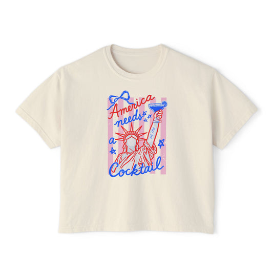 Patriotic Cocktail Boxy Tee, Fourth of July Cropped Shirt, America Summer Graphic Tee, Trendy USA Shirt, Retro Cocktail Shirt, Boxy Tee