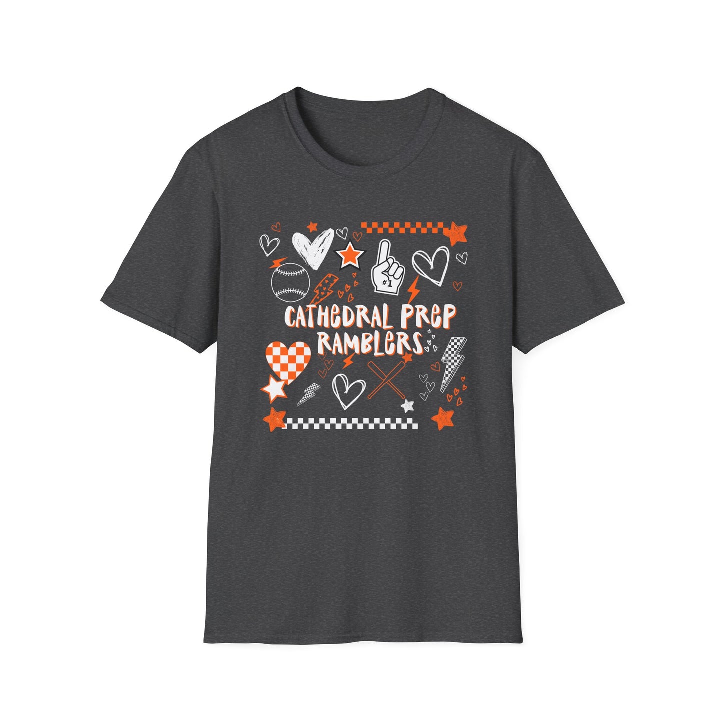 Cathedral Prep Ramblers Baseball Shirt | Retro Orange and Black Baseball Spirit Tee | Gildan Softstyle 64000
