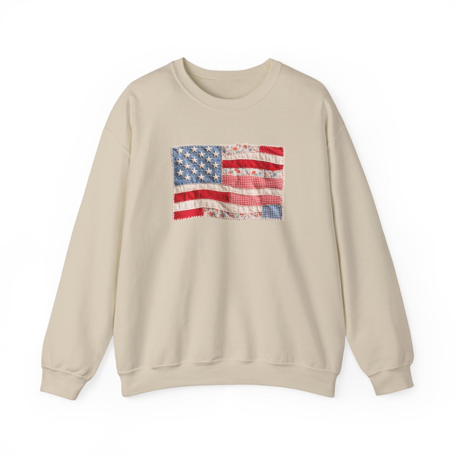 Vintage Patchwork American Flag Crewneck Sweatshirt, Patriotic Quilted USA Sweatshirt, Faux Patchwork, Cozy Fourth of July Pullover