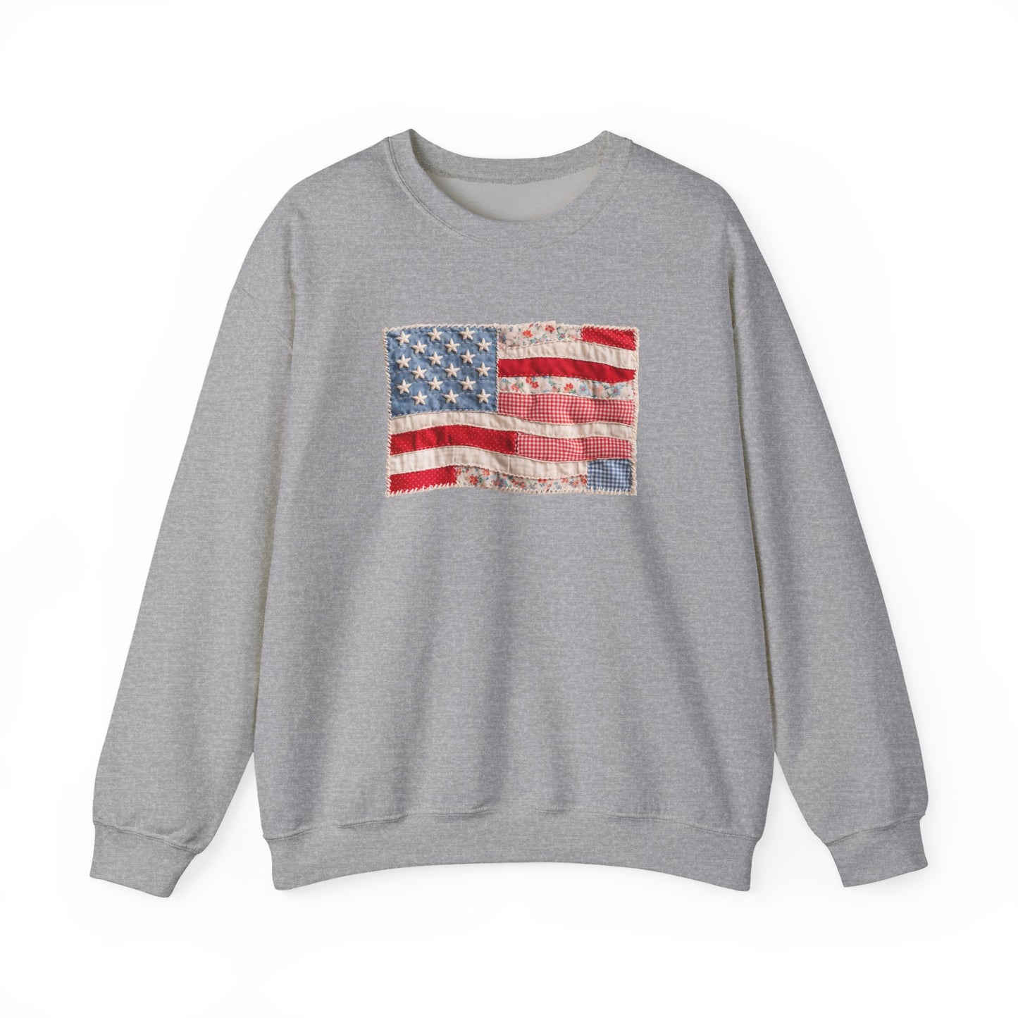 Vintage Patchwork American Flag Crewneck Sweatshirt, Patriotic Quilted USA Sweatshirt, Faux Patchwork, Cozy Fourth of July Pullover