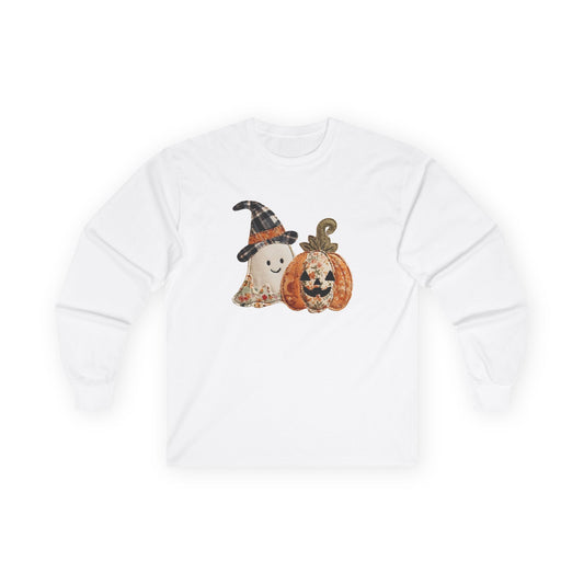Faux Pumpkin and Ghost Long Sleeve Tee in White
