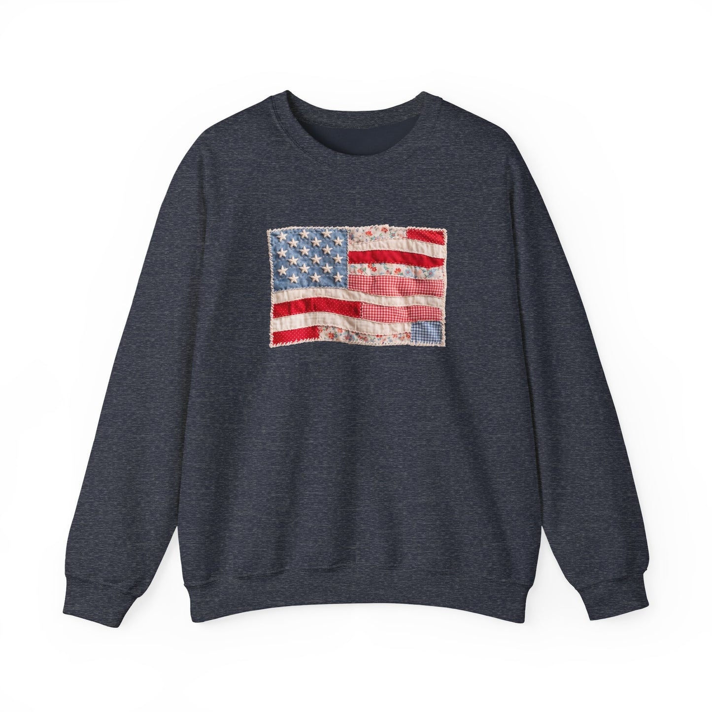 Vintage Patchwork American Flag Crewneck Sweatshirt, Patriotic Quilted USA Sweatshirt, Faux Patchwork, Cozy Fourth of July Pullover