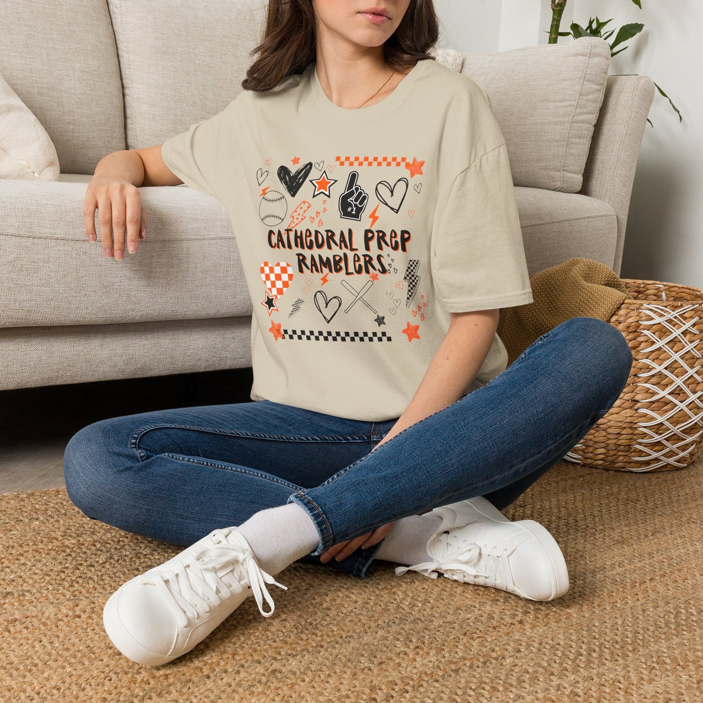 Cathedral Prep Ramblers Baseball Shirt | Retro Orange and Black Baseball Spirit Tee | Gildan Softstyle 64000