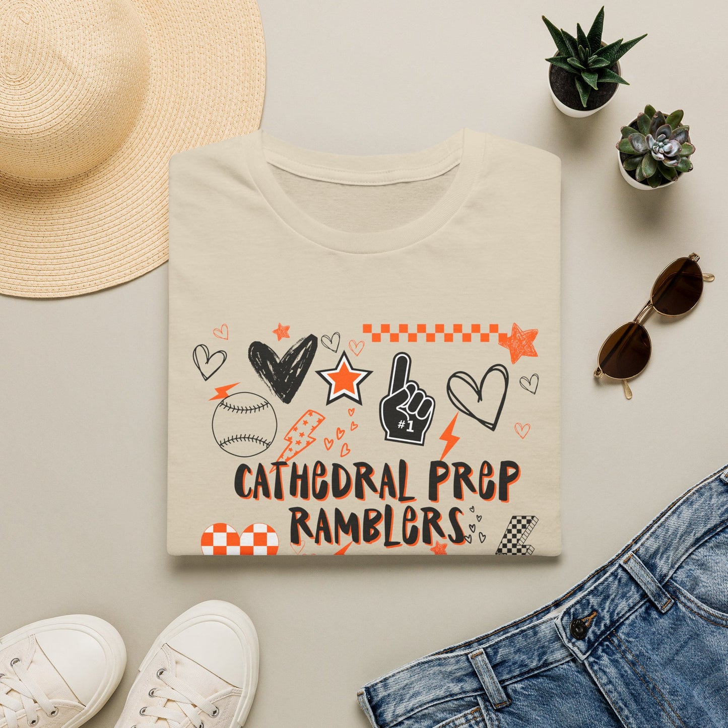 Cathedral Prep Ramblers Baseball Shirt | Retro Orange and Black Baseball Spirit Tee | Gildan Softstyle 64000