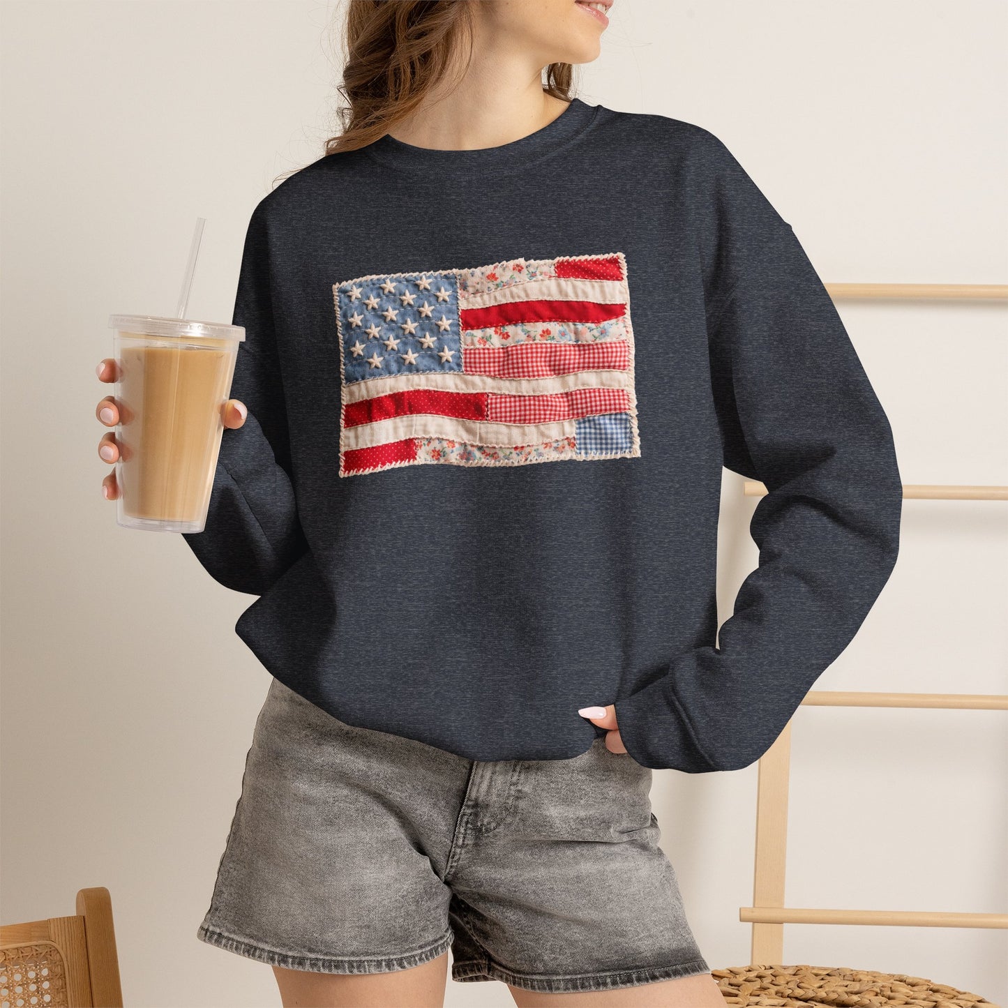 Vintage Patchwork American Flag Crewneck Sweatshirt, Patriotic Quilted USA Sweatshirt, Faux Patchwork, Cozy Fourth of July Pullover