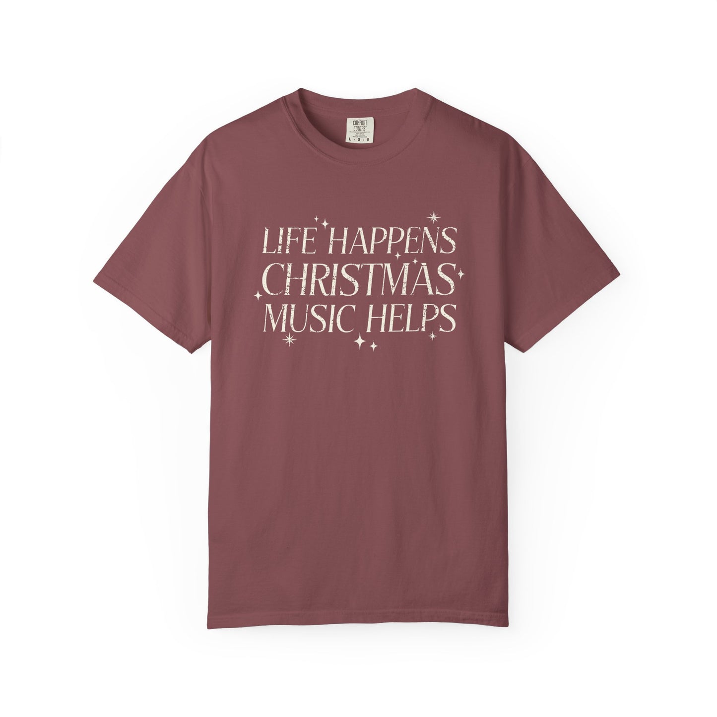 Christmas Music Shirt, Life Happens Christmas Music Helps Tee, Retro Holiday Graphic T-Shirt, Festive Gift Idea, Comfort Colors (Show Special)