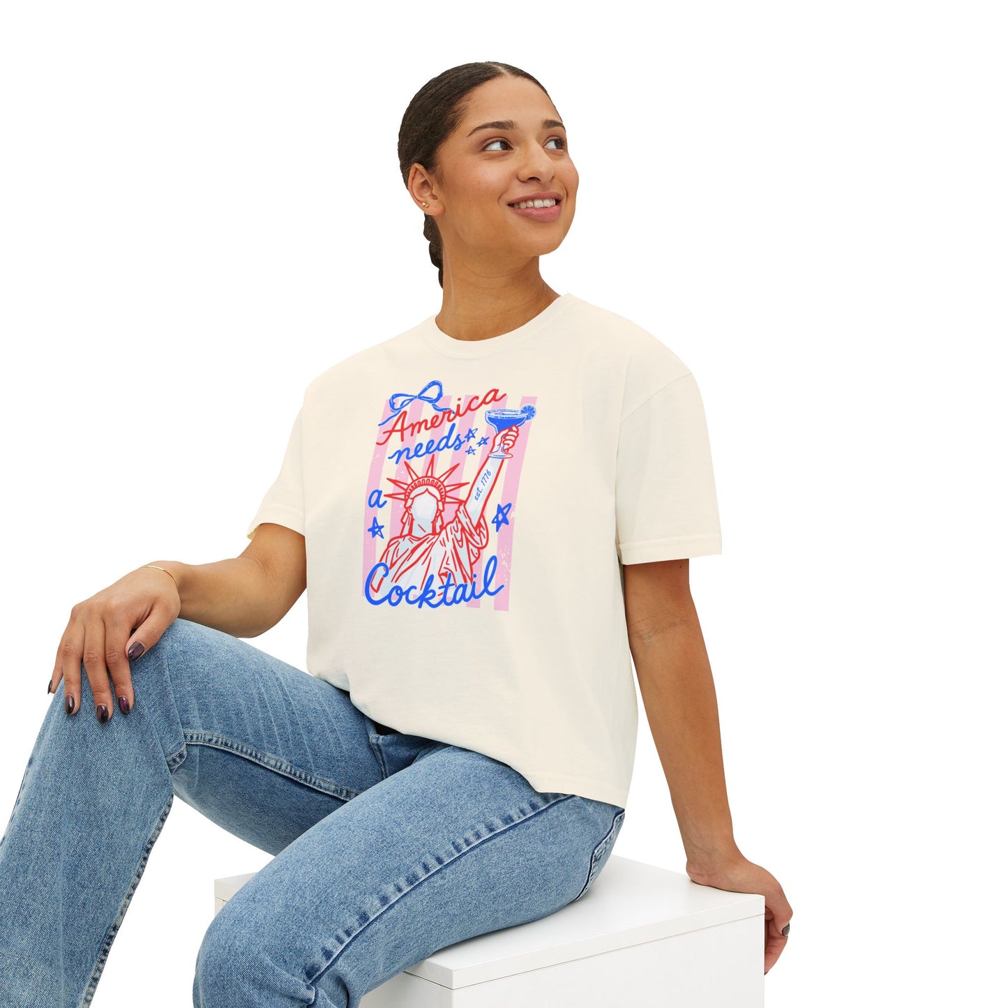 Patriotic Cocktail Boxy Tee, Fourth of July Cropped Shirt, America Summer Graphic Tee, Trendy USA Shirt, Retro Cocktail Shirt, Boxy Tee