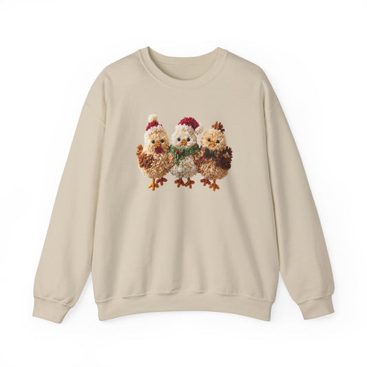 Christmas Chickens Sweatshirt, Farm Animal Holiday Crewneck, Cute Country Gift for Her, Winter Sweater, Faux Yarn (Show Special)