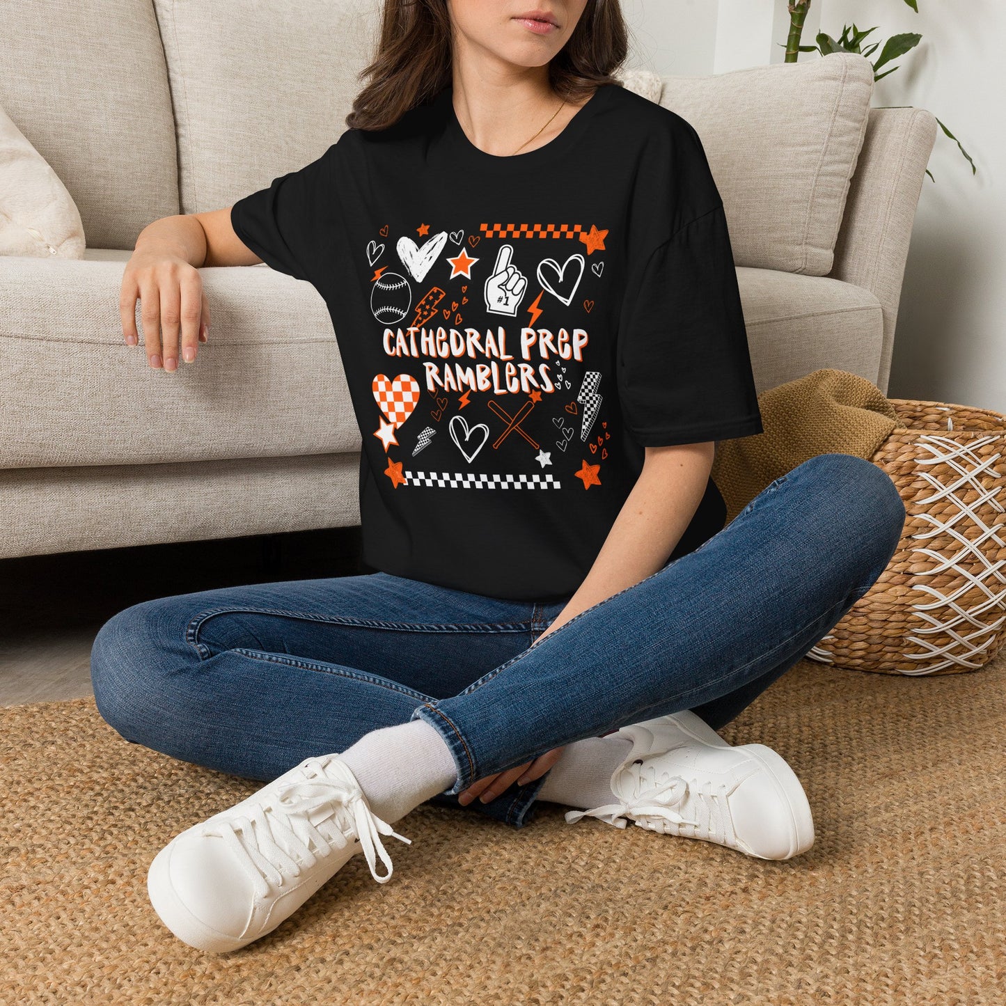 Cathedral Prep Ramblers Baseball Shirt | Retro Orange and Black Baseball Spirit Tee | Gildan Softstyle 64000