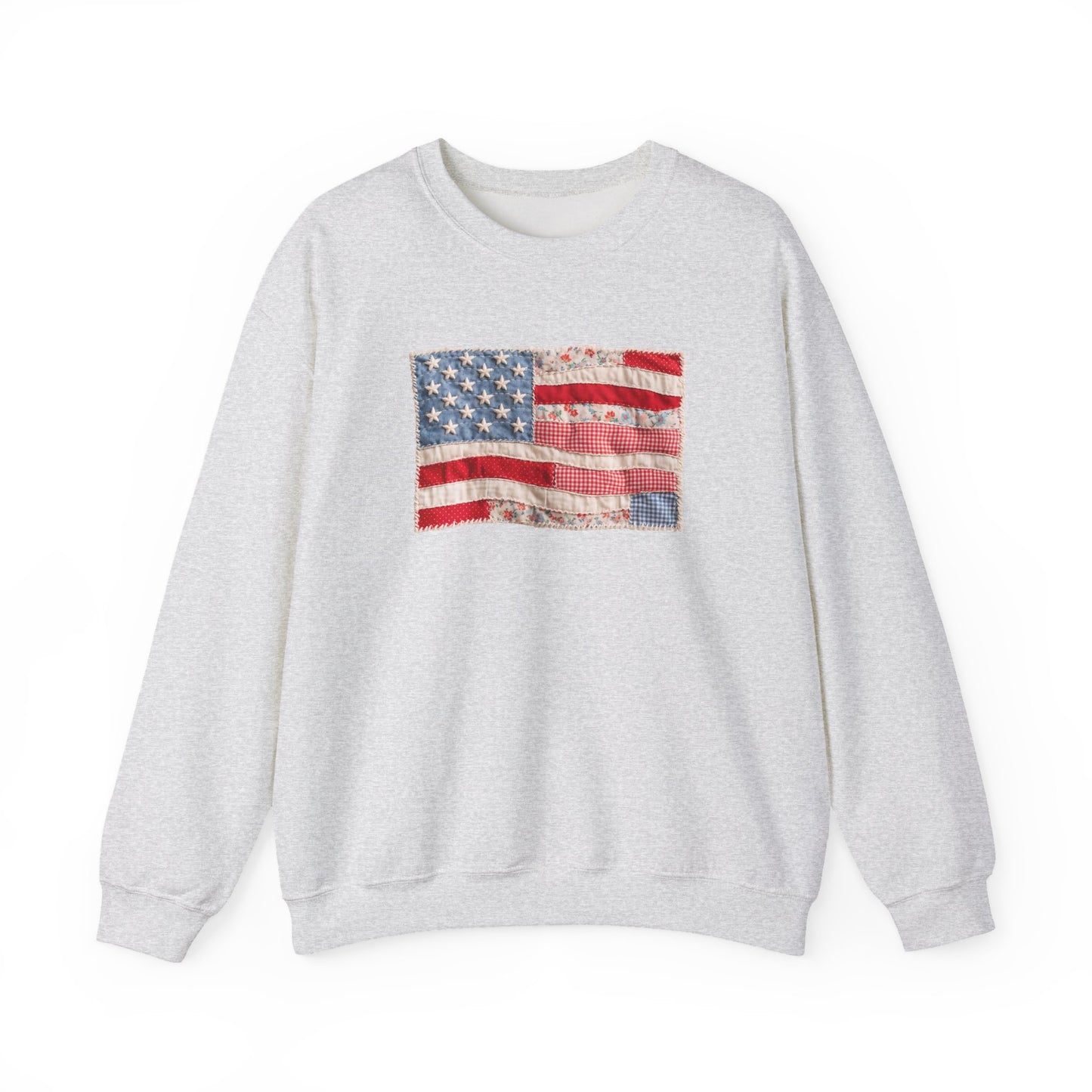 Vintage Patchwork American Flag Crewneck Sweatshirt, Patriotic Quilted USA Sweatshirt, Faux Patchwork, Cozy Fourth of July Pullover