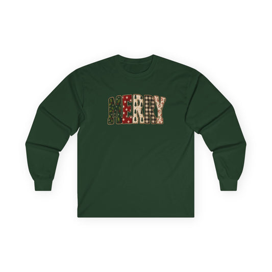 Merry Print Long Sleeve Tee, Festive T-Shirt, Holiday Apparel, Christmas Gift, Unisex Cotton Shirt, Cozy Winter Wear (Show Special)
