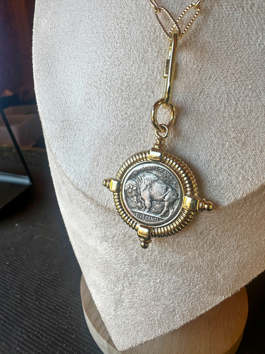 Buffalo Nickel Bezel Necklace – 18" Gold Filled Chain with Carabiner Clasp