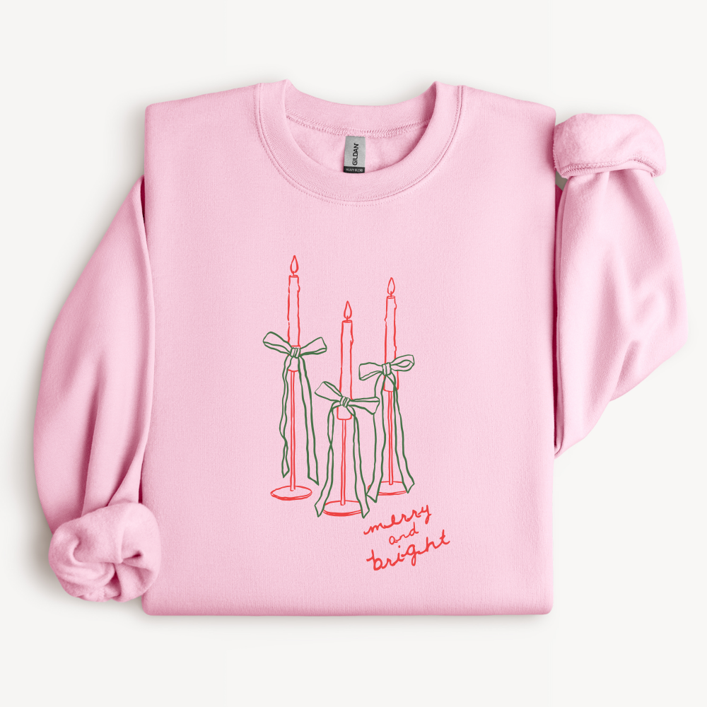 Merry and Bright Candle Sweatshirt | Green Bow Christmas Crewneck