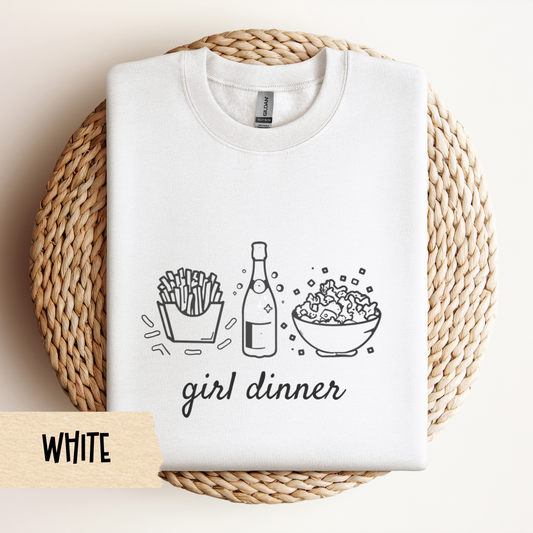 Girl Dinner Sweatshirt – Funny Foodie Crewneck with French Fries, Prosecco & Caesar Salad – Gildan 18000 Unisex Pullover