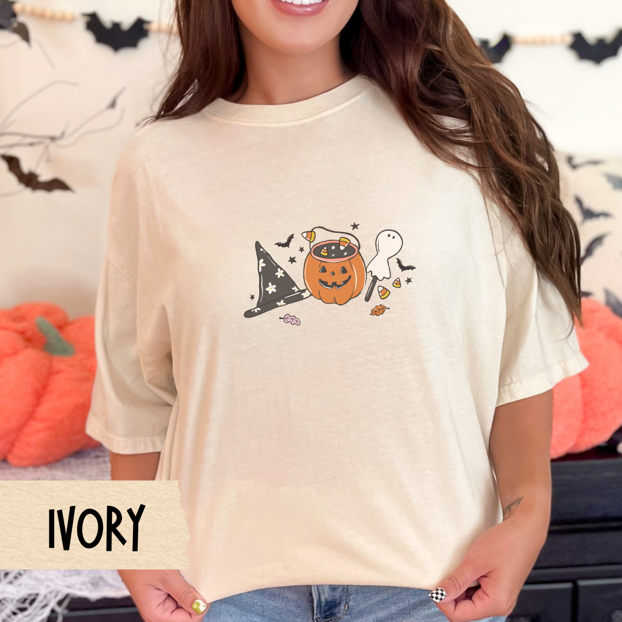 Cute Halloween Candy Shirt for Women, Comfort Colors Fall Tee, Witch Hat Ghost Pumpkin Design, Spooky Sweet Aesthetic, October Outfit Idea