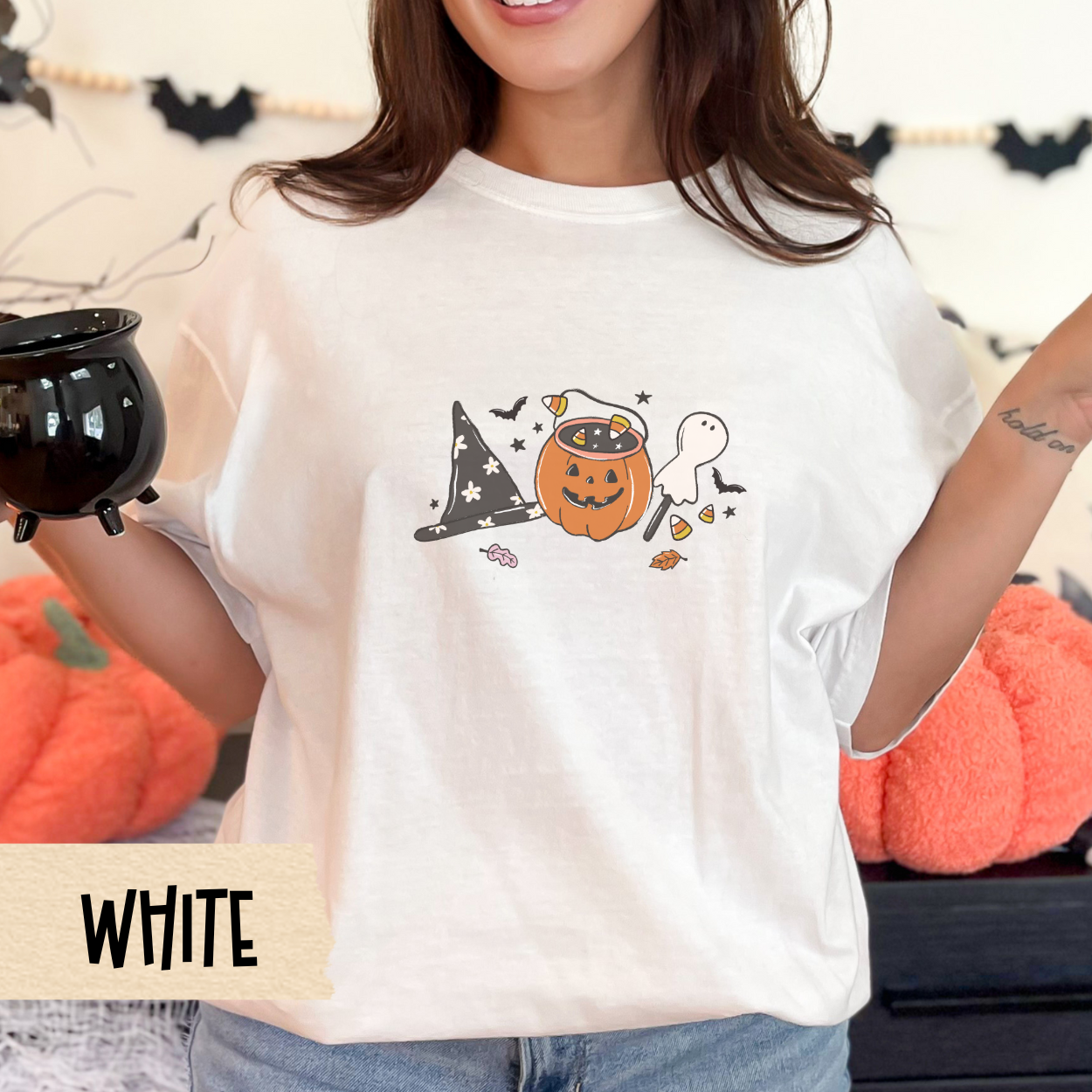 Cute Halloween Candy Shirt for Women, Comfort Colors Fall Tee, Witch Hat Ghost Pumpkin Design, Spooky Sweet Aesthetic, October Outfit Idea