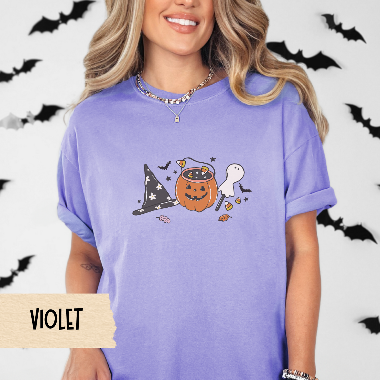 Cute Halloween Candy Shirt for Women, Comfort Colors Fall Tee, Witch Hat Ghost Pumpkin Design, Spooky Sweet Aesthetic, October Outfit Idea