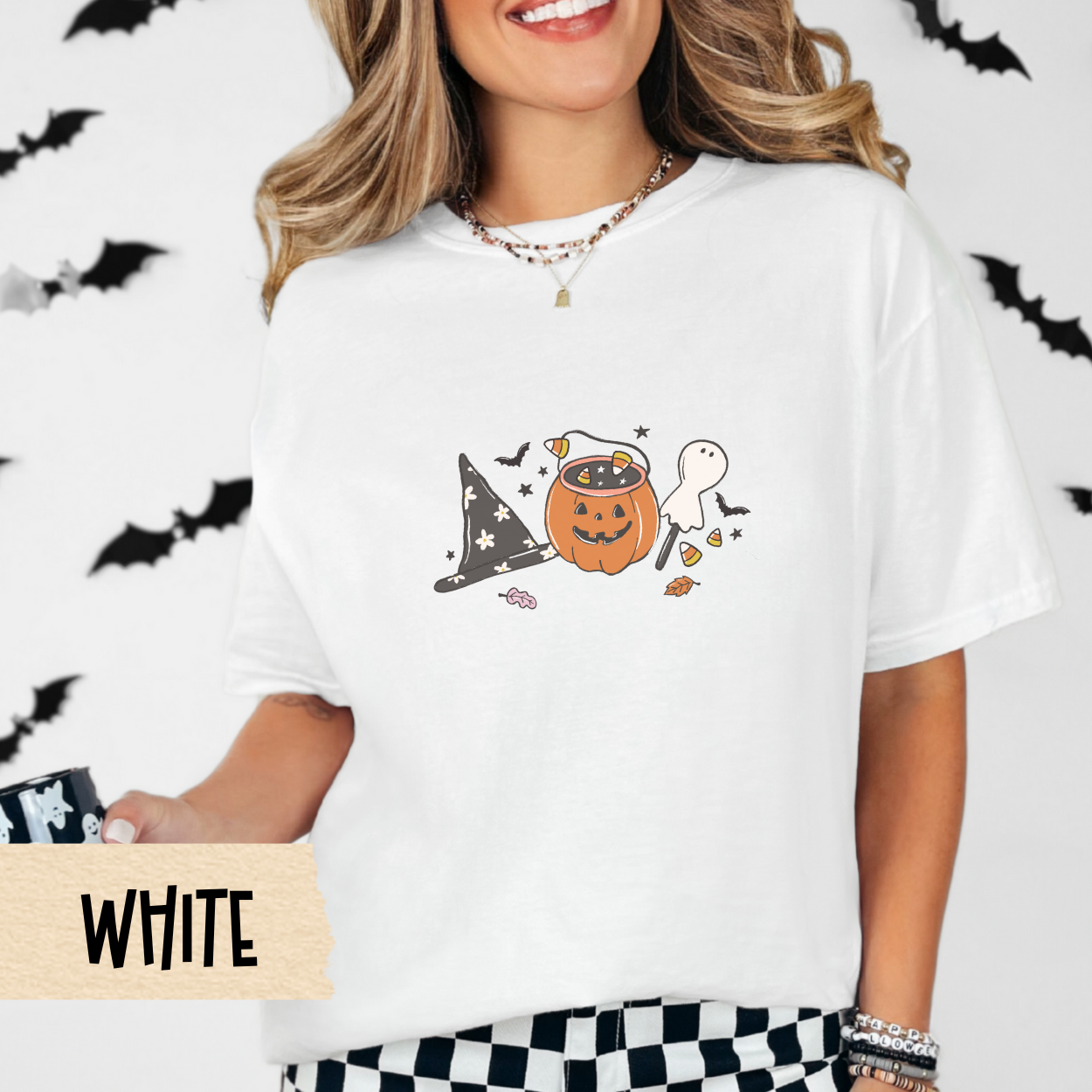Cute Halloween Candy Shirt for Women, Comfort Colors Fall Tee, Witch Hat Ghost Pumpkin Design, Spooky Sweet Aesthetic, October Outfit Idea