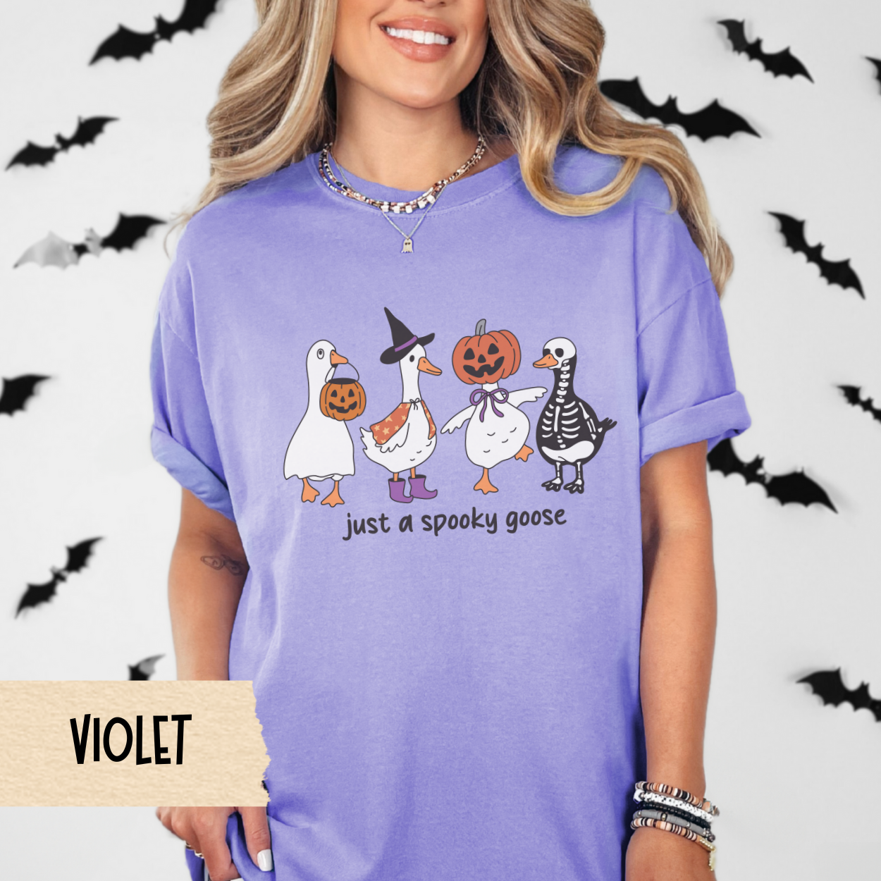 Halloween Tee for Her, Just a Spooky Goose Shirt, Funny Goose Costume T-Shirt, Comfort Colors Fall Tee, Cute Halloween Animal Graphic Top