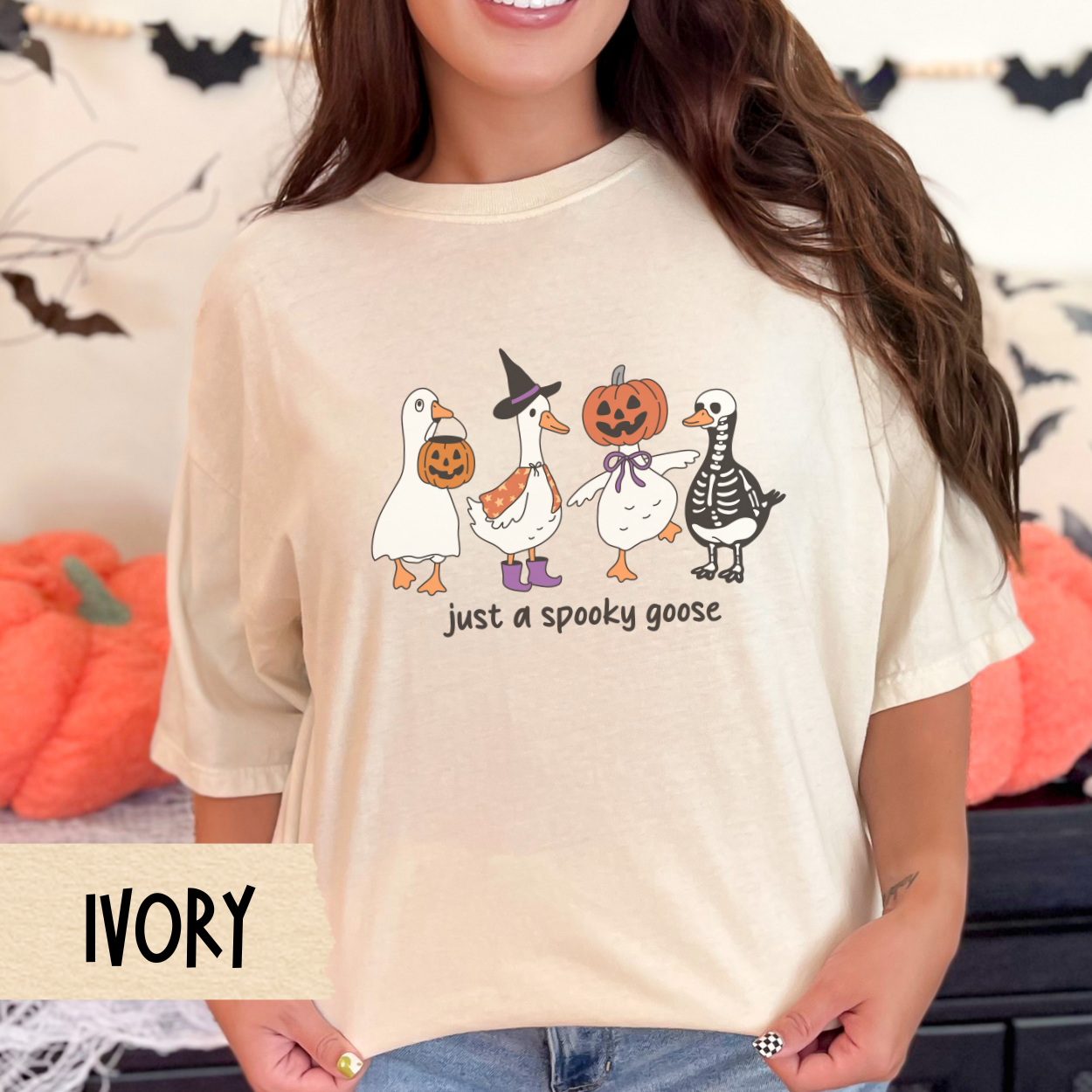 Halloween Tee for Her, Just a Spooky Goose Shirt, Funny Goose Costume T-Shirt, Comfort Colors Fall Tee, Cute Halloween Animal Graphic Top