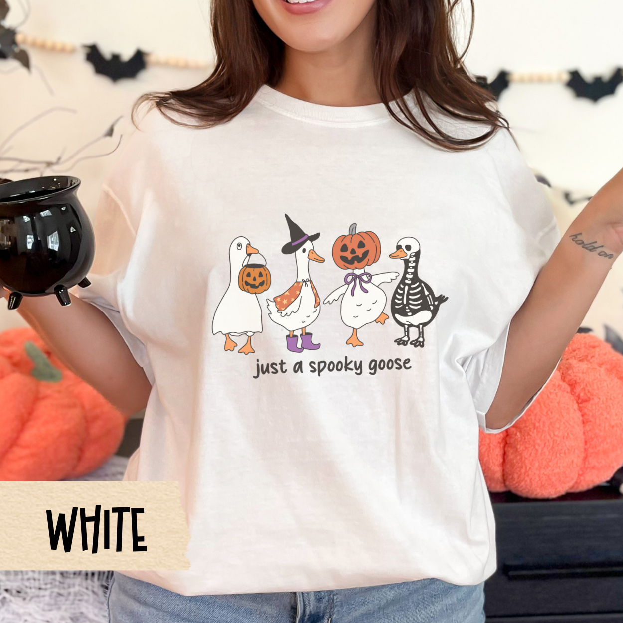 Halloween Tee for Her, Just a Spooky Goose Shirt, Funny Goose Costume T-Shirt, Comfort Colors Fall Tee, Cute Halloween Animal Graphic Top