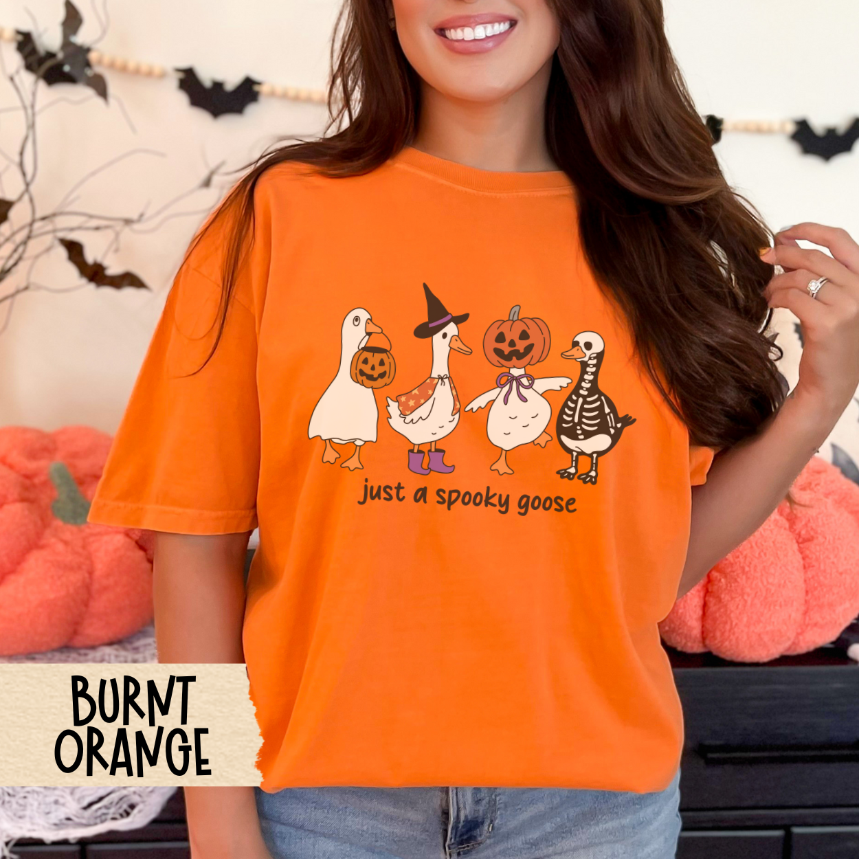 Halloween Tee for Her, Just a Spooky Goose Shirt, Funny Goose Costume T-Shirt, Comfort Colors Fall Tee, Cute Halloween Animal Graphic Top