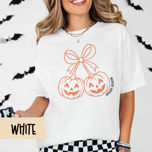 Spooky Season Pumpkin Shirt, Cute Halloween Graphic Tee for Women, Fall Aesthetic Jack-O'-Lantern Shirt, Girly Ghost Season Outfit