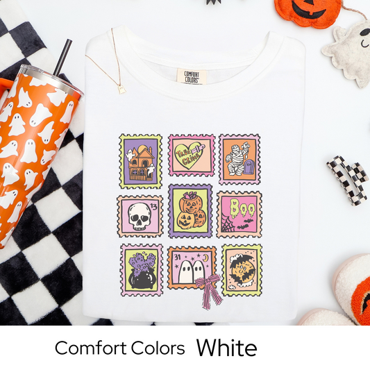 Halloween Stamp Shirt, Vintage Postage Graphic Tee Comfort Colors, Cute Spooky Fall T Shirt, Pastel Mummy Pumpkin Ghost October Tee