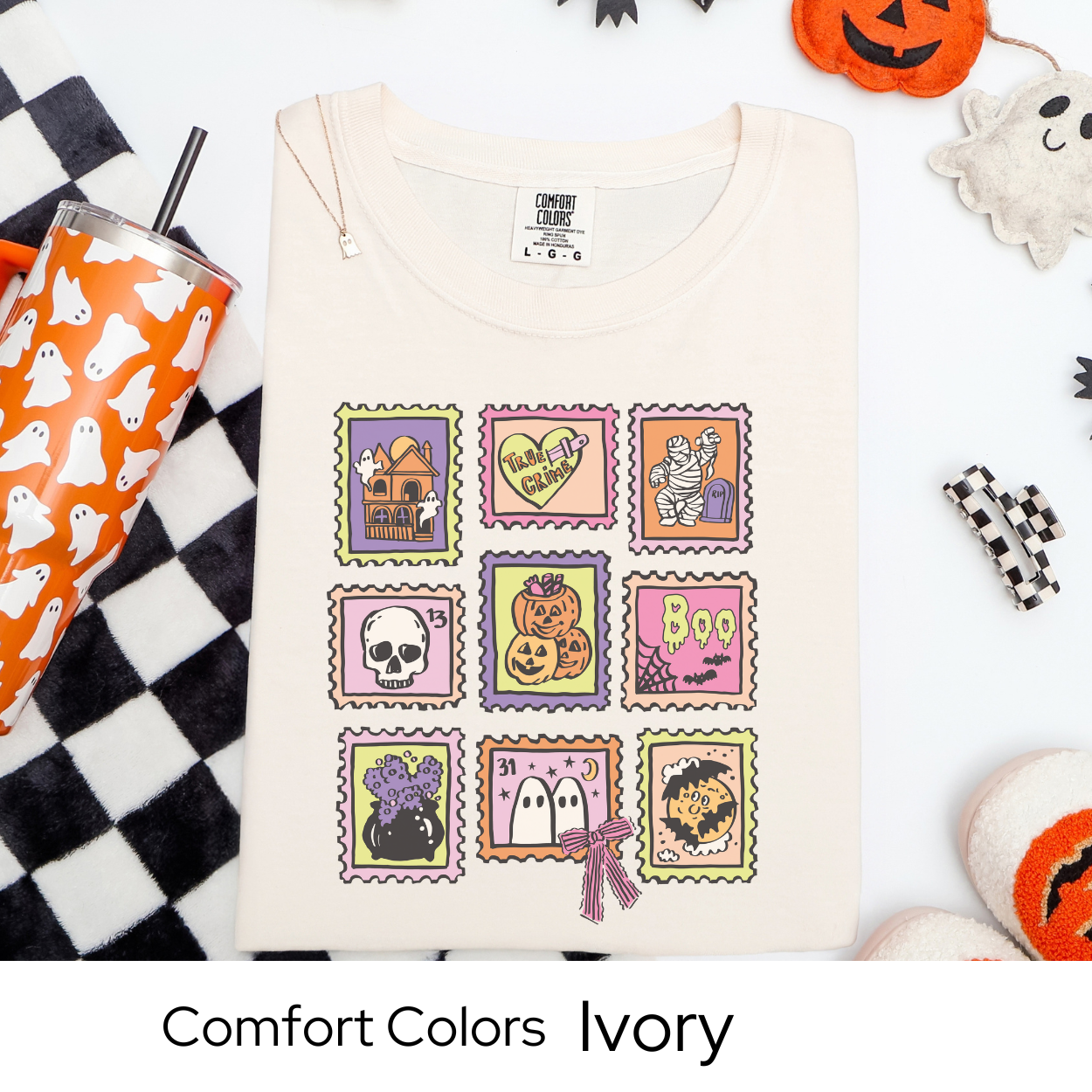 Halloween Stamp Shirt, Vintage Postage Graphic Tee Comfort Colors, Cute Spooky Fall T Shirt, Pastel Mummy Pumpkin Ghost October Tee
