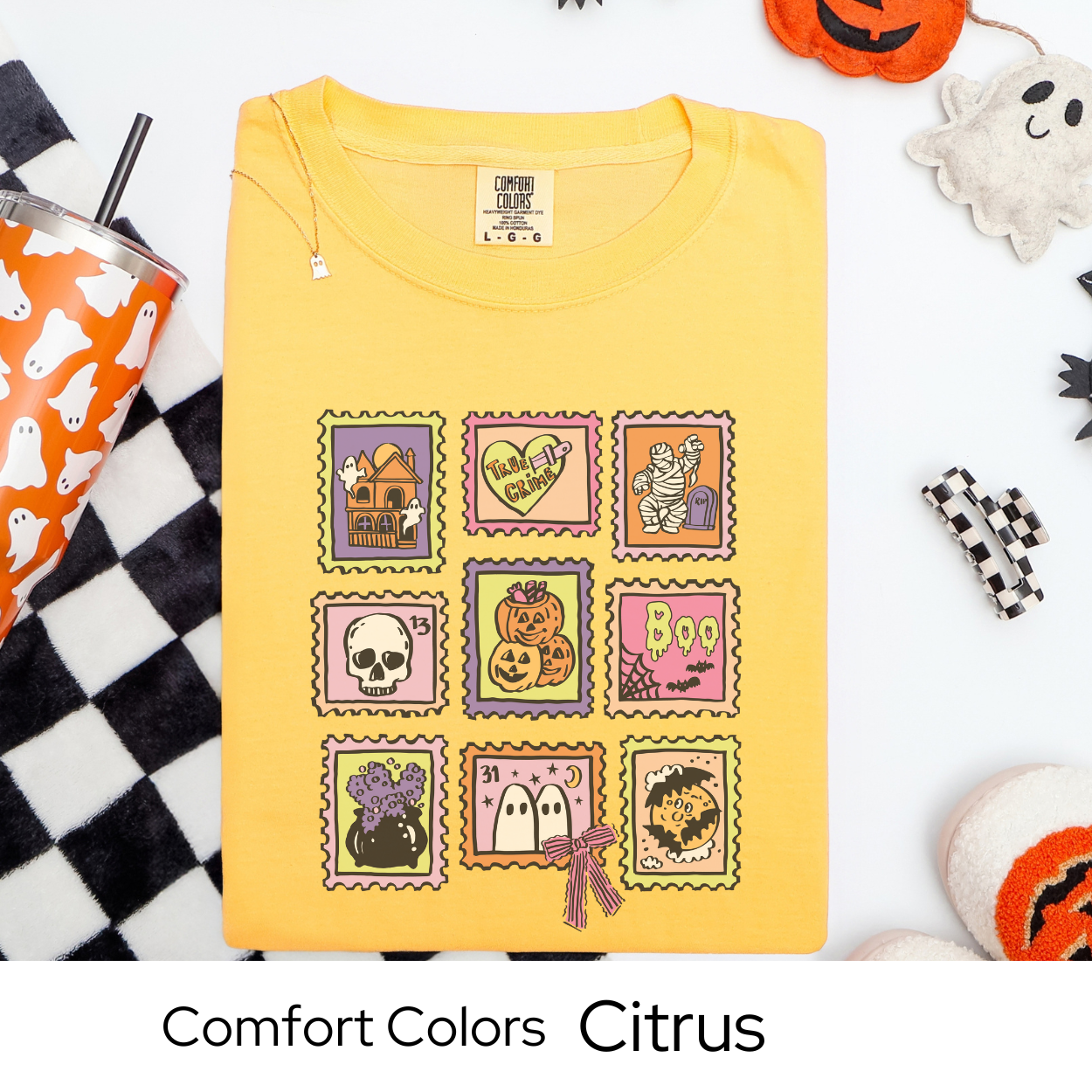 Halloween Stamp Shirt, Vintage Postage Graphic Tee Comfort Colors, Cute Spooky Fall T Shirt, Pastel Mummy Pumpkin Ghost October Tee