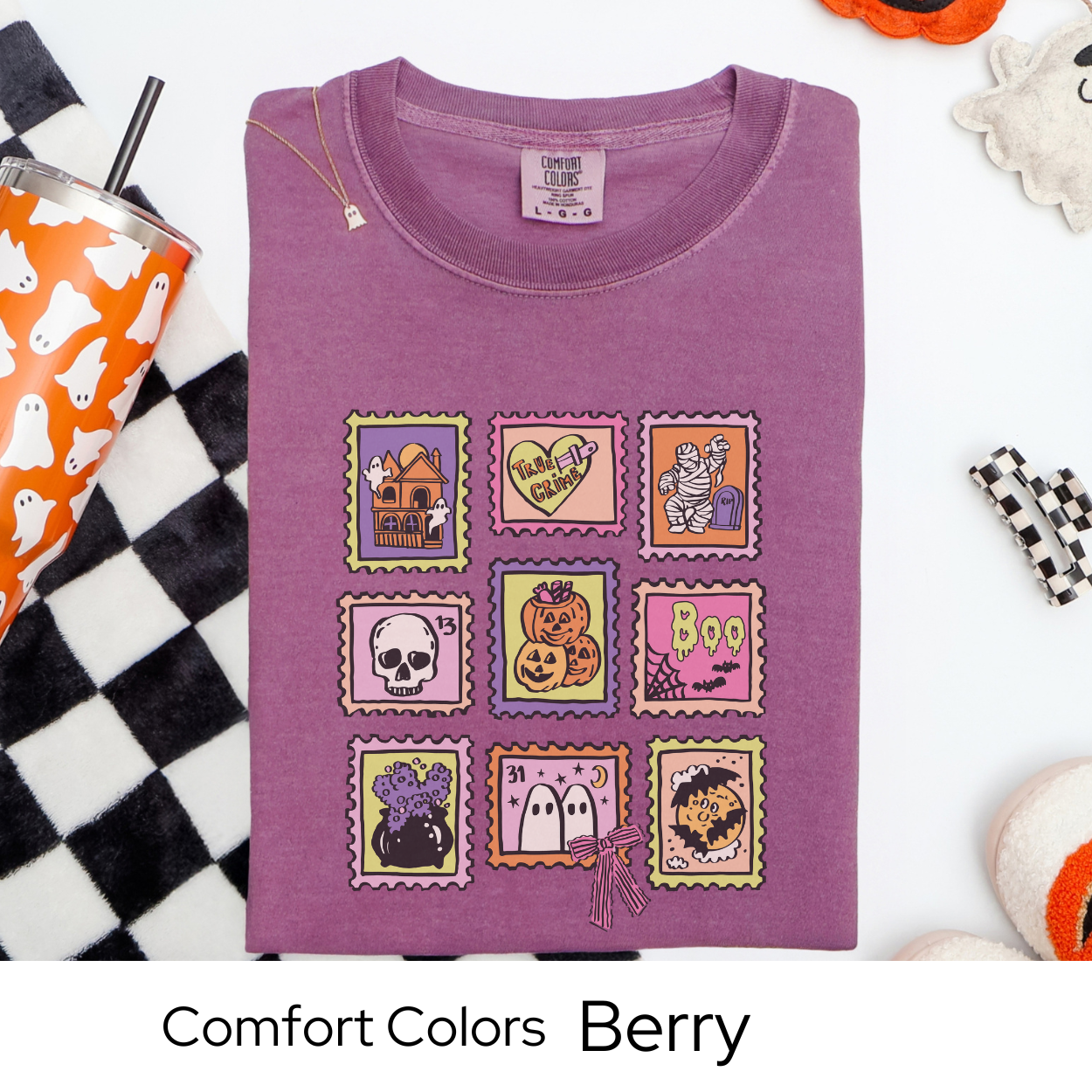 Halloween Stamp Shirt, Vintage Postage Graphic Tee Comfort Colors, Cute Spooky Fall T Shirt, Pastel Mummy Pumpkin Ghost October Tee