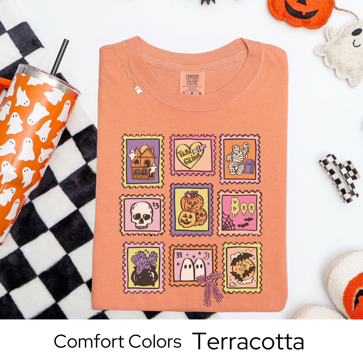 Halloween Stamp Shirt, Vintage Postage Graphic Tee Comfort Colors, Cute Spooky Fall T Shirt, Pastel Mummy Pumpkin Ghost October Tee