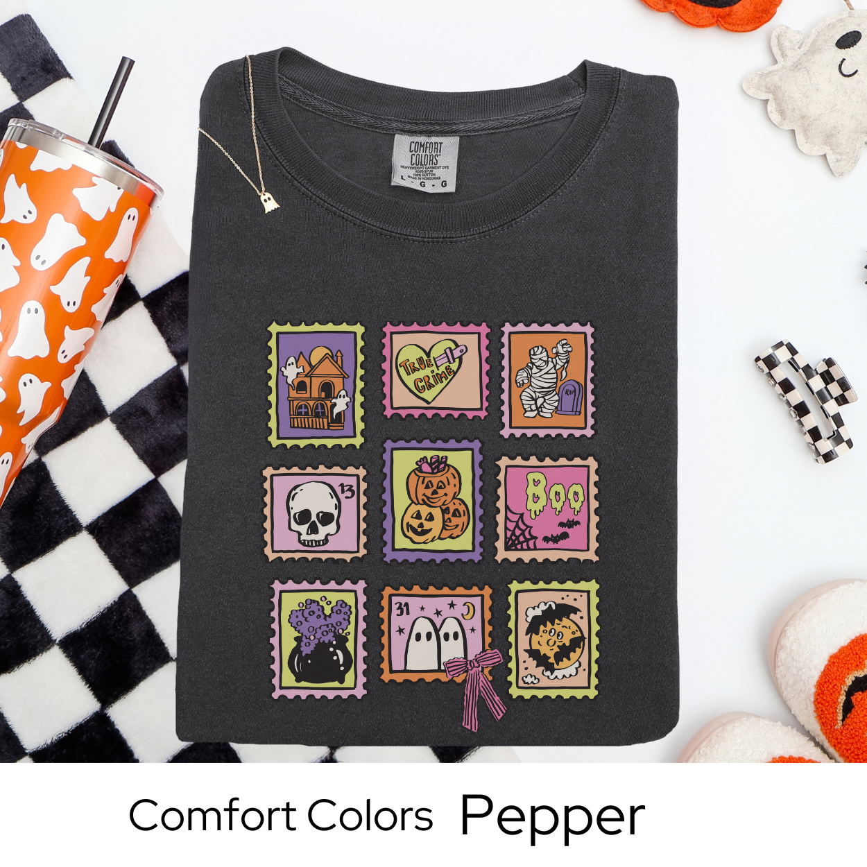 Halloween Stamp Shirt, Vintage Postage Graphic Tee Comfort Colors, Cute Spooky Fall T Shirt, Pastel Mummy Pumpkin Ghost October Tee