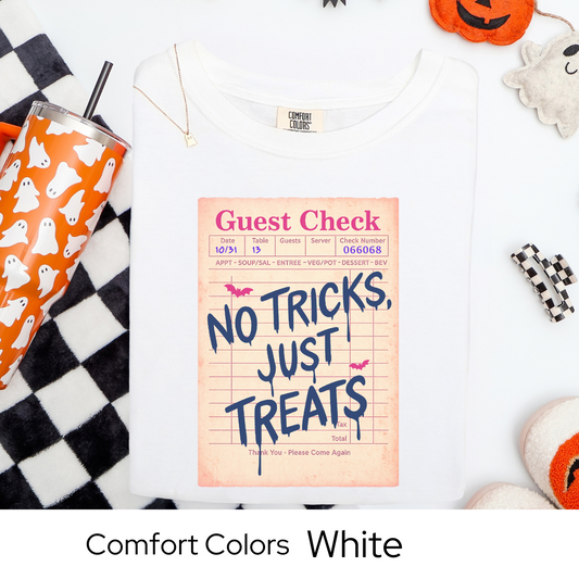 No Tricks Just Treats Shirt, Halloween Guest Check Comfort Colors Tee, Cute Trick or Treat T-Shirt, Retro Fall Graphic Tee