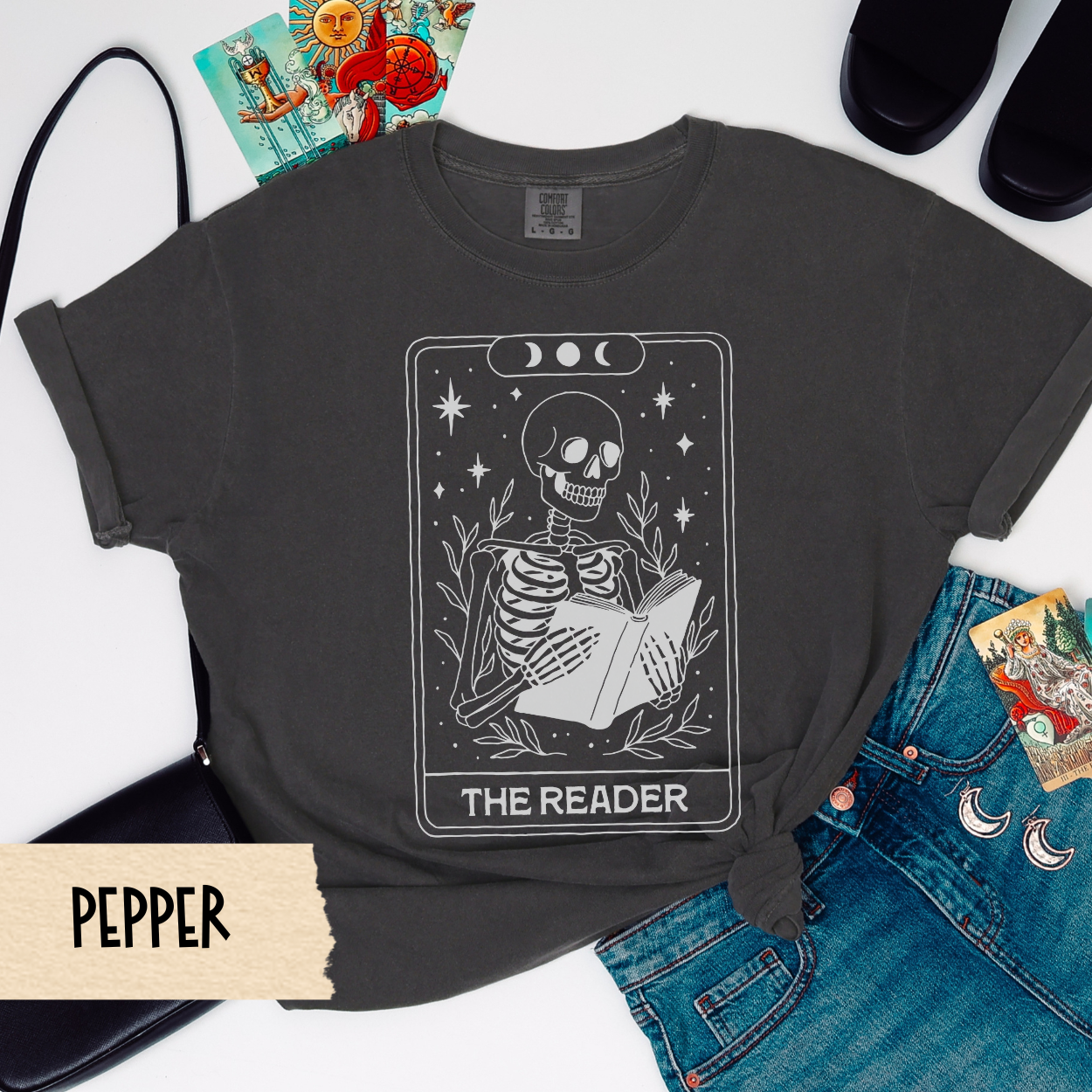 Skeleton Tarot Shirt, The Reader Tee, Book Lover Comfort Colors Shirt, Witchy Aesthetic Tee, Gothic Skeleton T-Shirt, Occult Graphic Tee