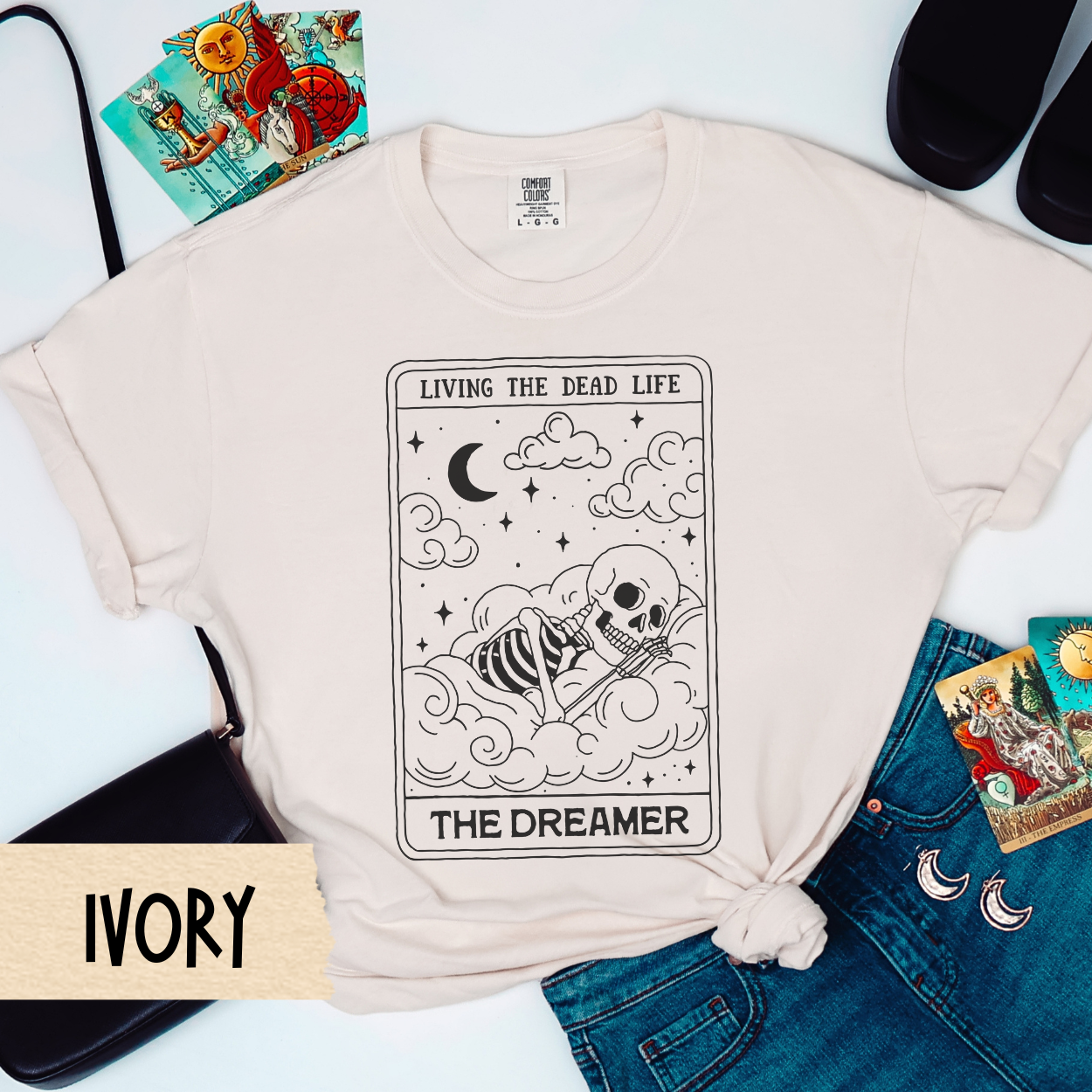 The Dreamer Tarot Shirt, Living the Dead Life Skeleton Tee, Comfort Colors Witchy Shirt, Gothic Sleepy Vibes Tee, Spooky Self Care Shirt